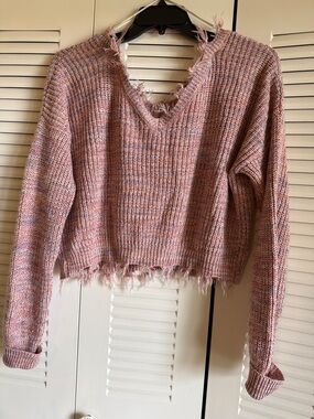 Cloud Chaser Pink Marled Distressed V-Neck Sweater
